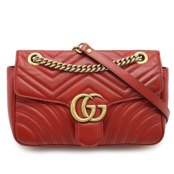 Gucci GG Marmont Chain Shoulder Bag Pochette Quilted Leather Red Red Gold - Picture 1 of 9